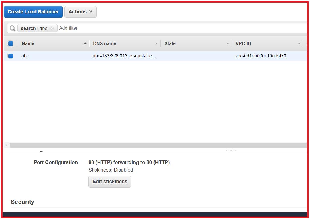 Picture showing the Edit stickiness button in the Description tab of the selected load balancer
